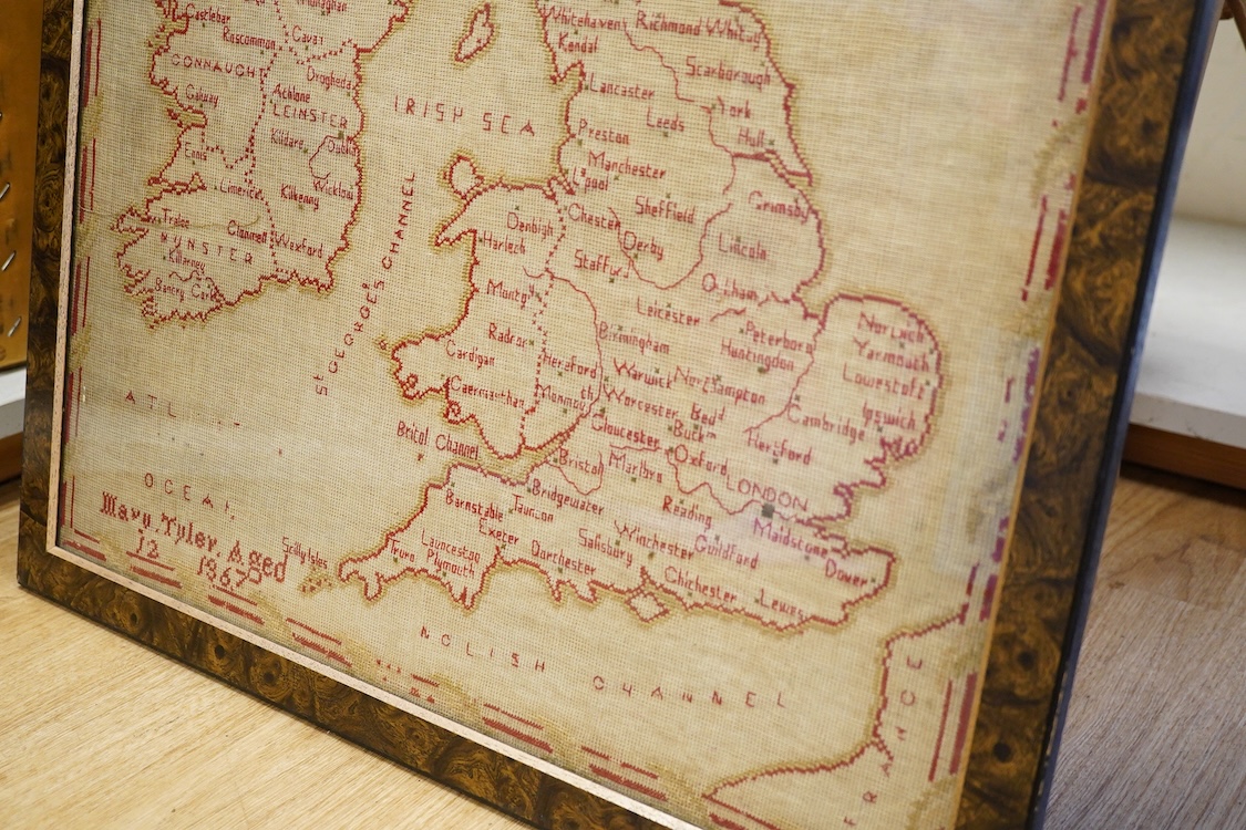 A 19th century red and green cross stitch sampler of The British Isles, by Mary Tyler aged 12 years. 65cm high x 52cm wide